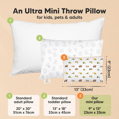Mini Toddler Pillow with Pillowcase - 9x13 My Little Dreamy Travel Kids Pillow for Sleeping, Toddler Bed, Small, Tiny, Organic Cotton Pillowcase, Soft & Breathable, Kids 2-4 Years Old (Construction)