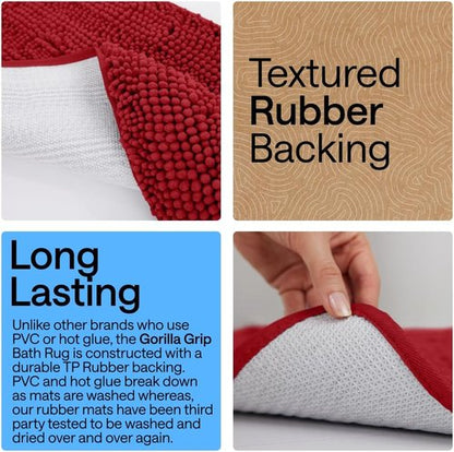 GORILLA GRIP Plush Shaggy Chenille Bath Rug Mat - Soft Microfiber, Oval Toilet Base, Machine Washable, Red