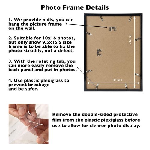 JCJMY 10x16 Picture Frame Black for Wall Hanging, Wall Mounting Horizontally or Vertically, 10 x 16 Wall Gallery Poster Photo Frame with Shatter Resistant Plexiglass, Black