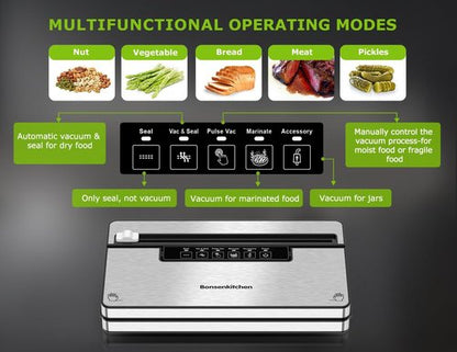 Bonsenkitchen Vacuum Sealer - Stainless Steel Food Sealer with 5 Modes & Built-in Cutter | Silver Black
