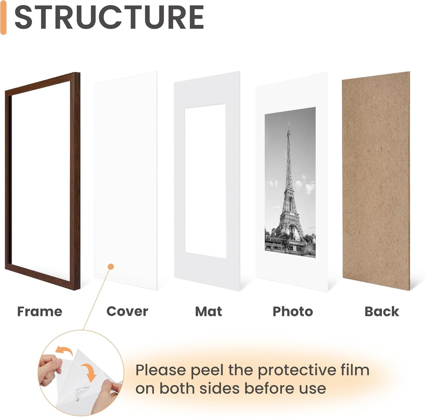 Upsimples 8x10 Picture Frame Set of 5 - Versatile Display for 5x7 with Mat or 8x10 Without | Brown
