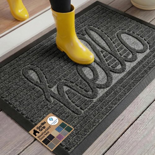 GORILLA GRIP 100% Waterproof All-Season WeatherMAX Doormat, US Designed Natural Rubber, Stain and Fade Resistant, Low Profile Indoor Outdoor Door Mats, Easy Clean Patio Mat, 29x17, Charcoal Hello
