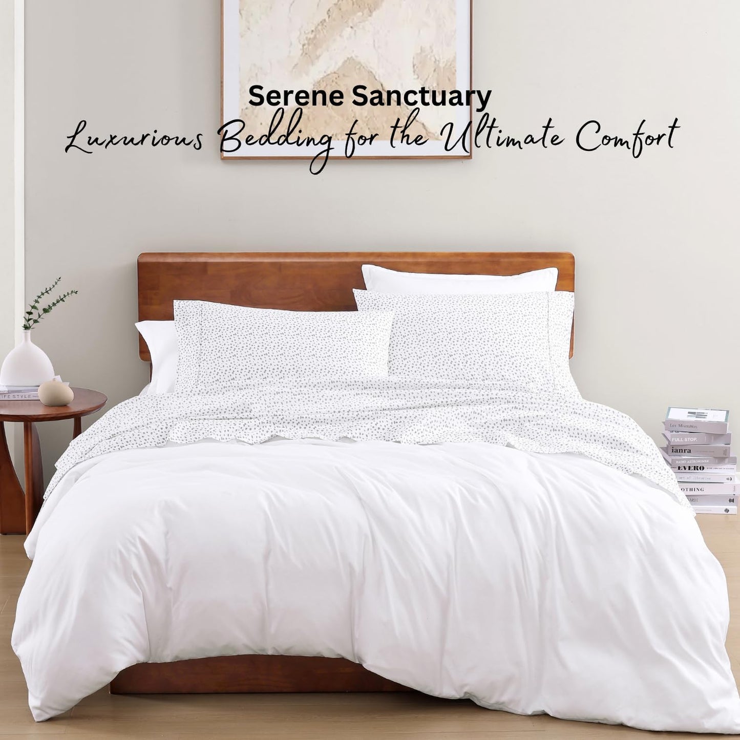 Skiennix 100% Organic Cotton Full Sheets Set - Ultra Soft, Breathable, GOTS Certified, White with Grey Dots, 4-Piece, Fits Mattresses Up to 15" Deep