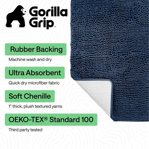 GORILLA GRIP Bath Rug Mat - Soft Absorbent Chenille | Quick-Dry Microfiber, 70x24, Navy Blue