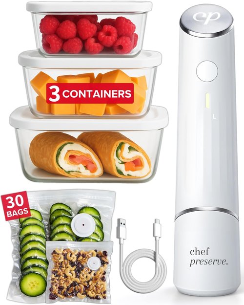 Chef Preserve Vacuum Sealer - Compact Handheld Food Sealer with 3 Glass Containers & 30 Bags