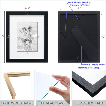NWDCLF 8x10 Wooden Picture Frame Set of 4 (with 5x7 Mat), Solid Wood with Real HD Glass, for Tabletop or Wall Mount, Home Office Photo Frames Collage Wall Décor, Black