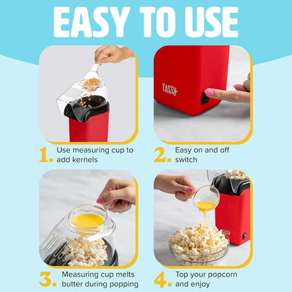 Tasty Hot Air Popcorn Popper - Healthy, Delicious Popcorn in Minutes | Built-In Measuring Cup & Butter Warmer, 8 Cups, Red