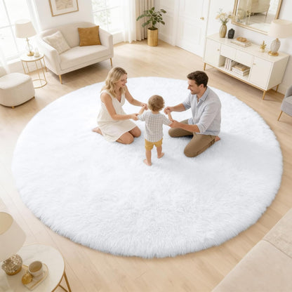 OLANLY Round White Area Rug - Soft & Fluffy 7 ft Machine Washable Carpet for Bedroom & Living Room Decor