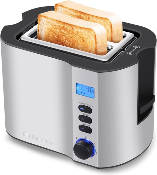 Elite Gourmet Extra Wide Slot 2-Slice Toaster - Bagel Function, 6 Toast Settings, Stainless Steel