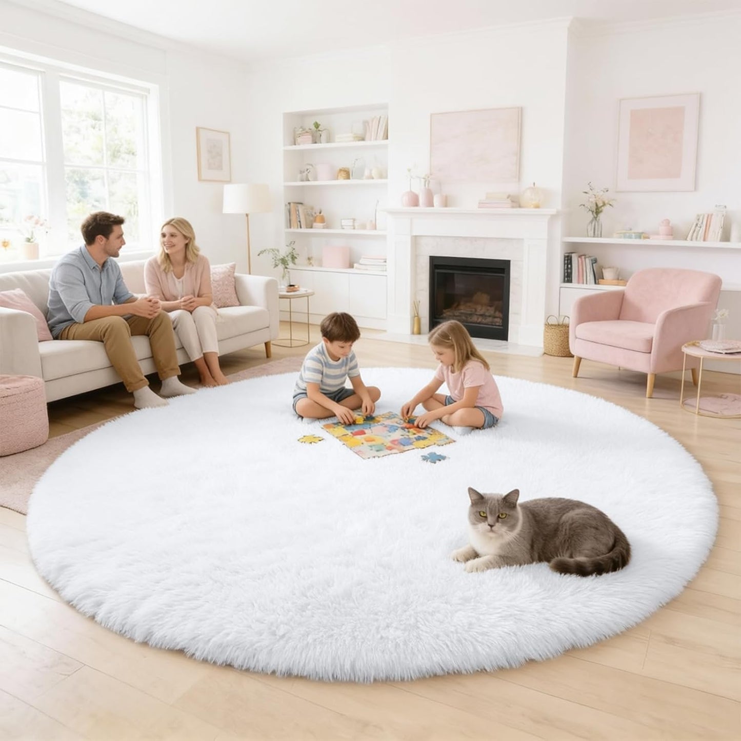 OLANLY Round White Area Rug - Soft & Fluffy 7 ft Machine Washable Carpet for Bedroom & Living Room Decor