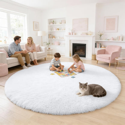 OLANLY Round White Area Rug - Soft & Fluffy 7 ft Machine Washable Carpet for Bedroom & Living Room Decor