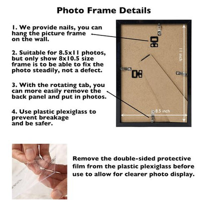 8.5x11 Picture Frame Set of 4 for Certificate Poster and Photo, Horizontal and Vertical Formats for Wall Hanging or Tabletop, 8.5x11 Wall Photo Frame with Shatter Resistant Plexiglass, 4 Pack, Black