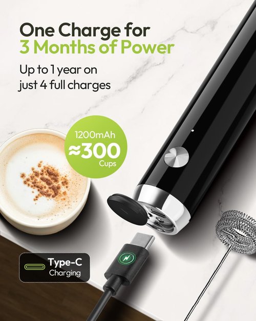 Maestri House Rechargeable Milk Frother - Handheld Electric Foam Maker with Stand & Detachable Whisk for Lattes & Cappuccinos
