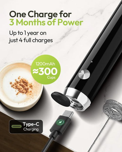 Maestri House Rechargeable Milk Frother - Handheld Electric Foam Maker with Stand & Detachable Whisk for Lattes & Cappuccinos