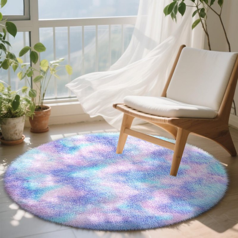 OLANLY Purple Rainbow Round Rugs for Bedroom - Machine Washable, 4x4 Feet Circle Area Rugs for Living Room, Soft and Fluffy Shaggy Carpet for Girls and Boys, Nursery Rooms, Dorms, Home Decor Aesthetic