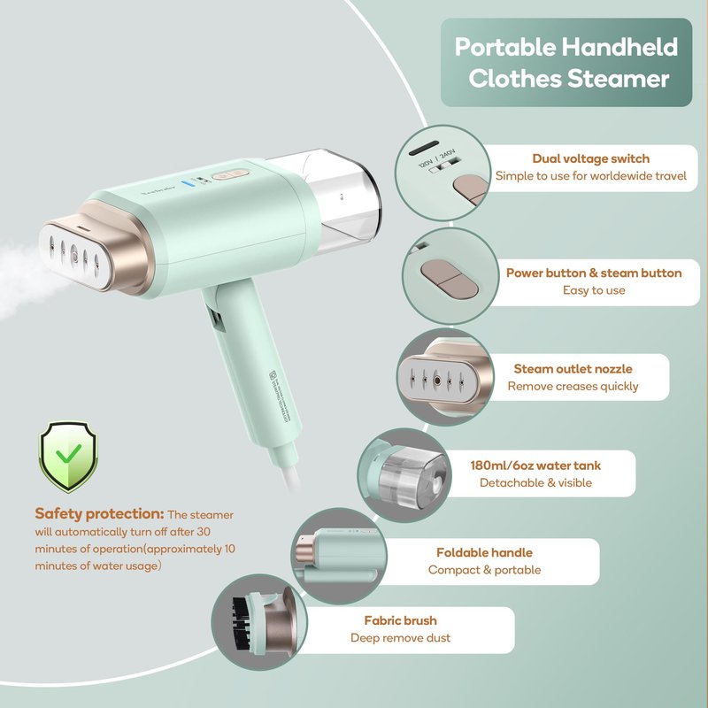 Newbealer Professional Business Travel Steamer, 1200W High-Power Dual Voltage (100-240V), Fast 20s Heat Up for Clothes Horizontal Vertical Steaming, Foldable & Solid 1.72 lbs, 180ml (Green)