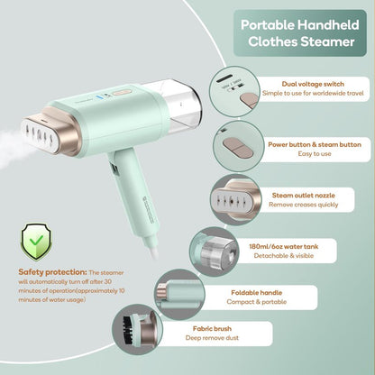 Newbealer Professional Business Travel Steamer, 1200W High-Power Dual Voltage (100-240V), Fast 20s Heat Up for Clothes Horizontal Vertical Steaming, Foldable & Solid 1.72 lbs, 180ml (Green)