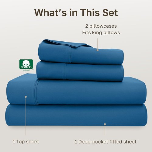 California Design Den King Size Cotton Sheet Set - 400 TC Silky Smooth Sateen Weave, Deep Pockets, Cobalt Blue