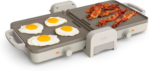 Bella Ceramic Fold-N-Store Griddle - Dual Temp Kitchenware with Nonstick Coating | 10"x20", Oatmilk Color, 1500 Watt