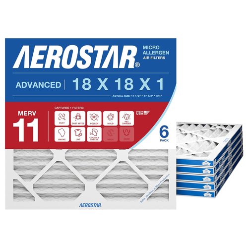 Aerostar 18x18x1 MERV 11 Air Filters - 6 Count Pleated HVAC Filters for Dust, Allergens & Germs