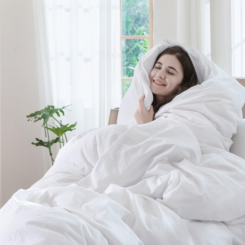 MooMee Bedding Duvet Cover Set 100% Washed Cotton Linen Like Textured Breathable Durable Soft Comfy (Solid Bright White, Queen 90"x90")