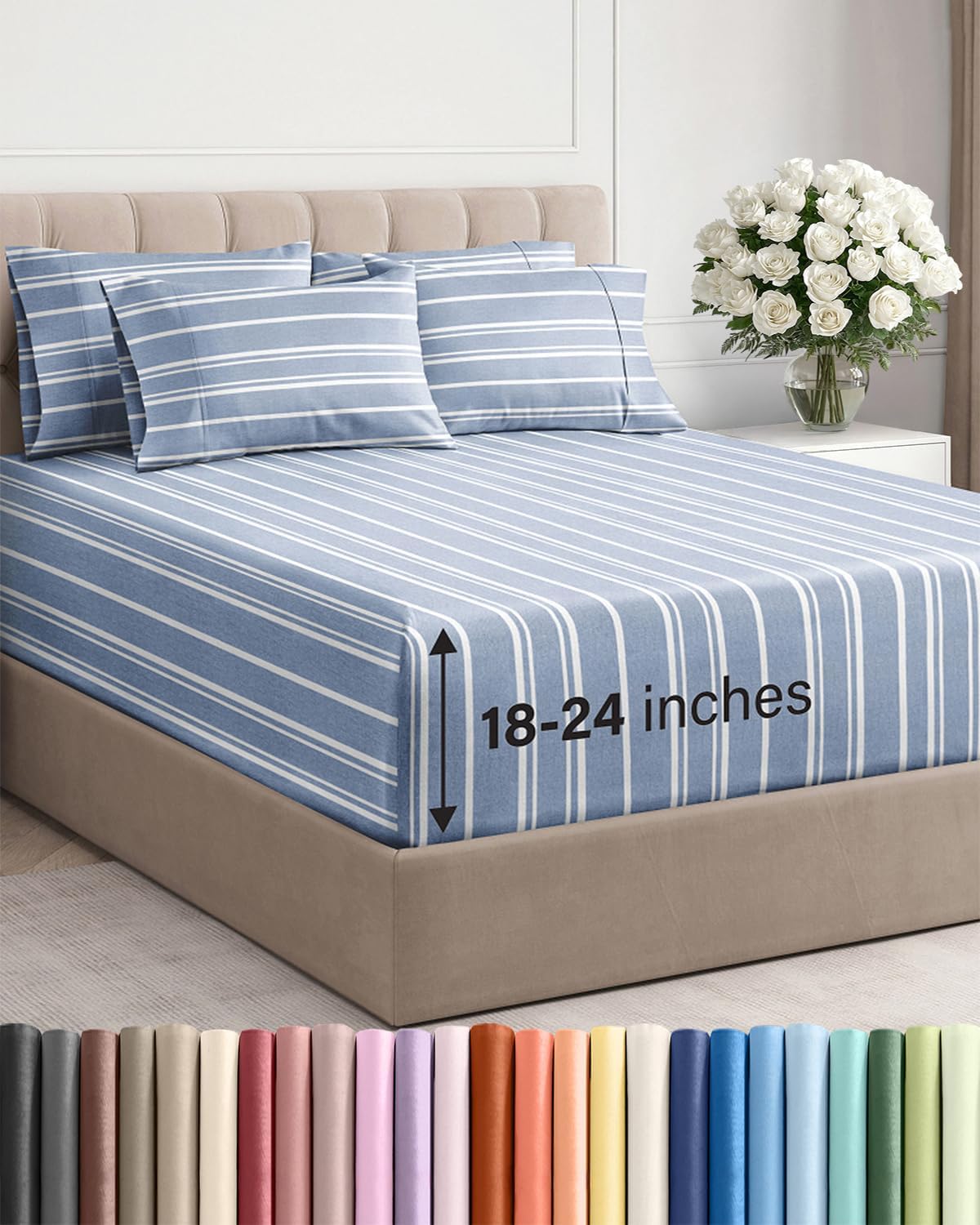 Skiennix Extra Deep Full Sheet Set - 6-Piece Cooling Bedding - Soft, Wrinkle-Free Blue Stripes