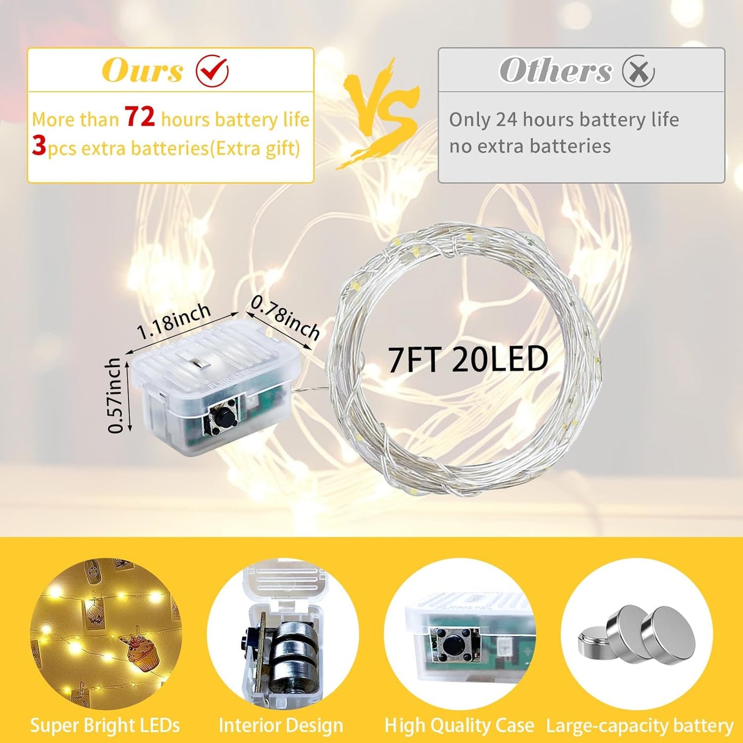 Skiennix 20 LED Fairy Lights - 7Ft Twinkle String Lights | Battery Operated & Waterproof for Parties, Weddings, & Decor - Yellow