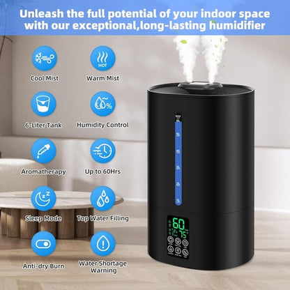 Coolfiqu 6L Humidifier - Versatile Cool & Warm Mist for Bedroom, Baby & Plants | Quiet, Adjustable, 360° Nozzle - Black (2026 Upgrade)