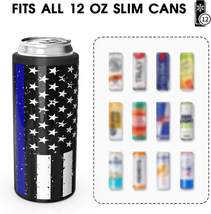 TILUCK Slim Can Cooler - Insulated Stainless Steel for 12 oz Beer & Seltzer Cans | Black U.S. Flag