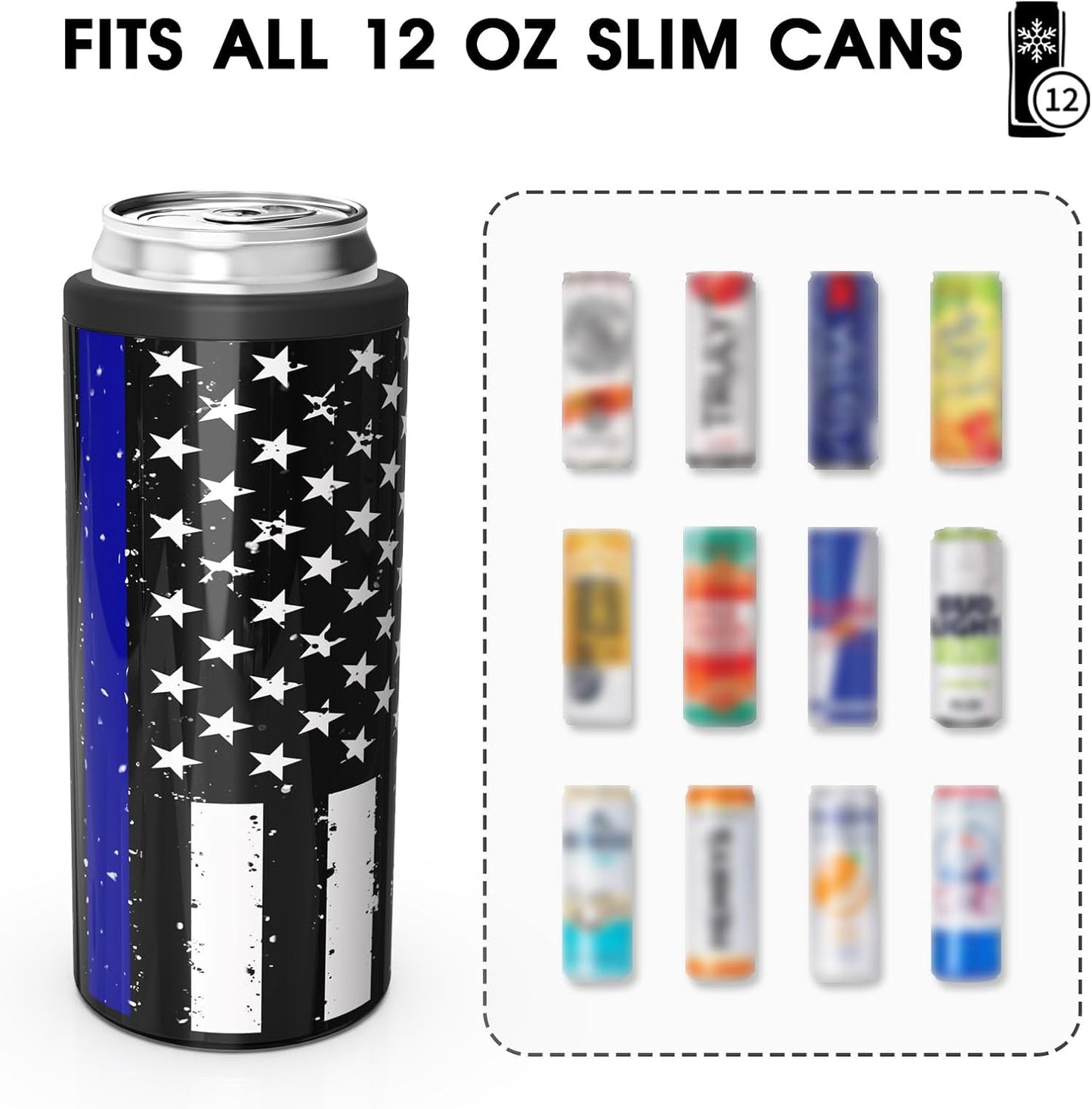 TILUCK Slim Can Cooler - Double-Walled Stainless Steel Insulator for 12 oz Cans | Black U.S. Flag