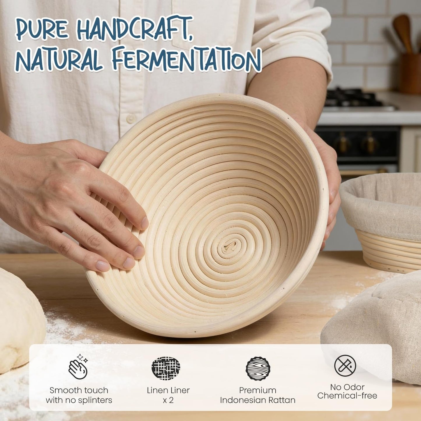 RORECAY Sourdough Bread Proofing Basket Set - 9" Round & 10" Oval Cane Baskets with Dough Tools