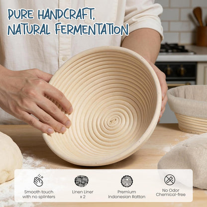 RORECAY Sourdough Bread Proofing Basket Set - 9" Round & 10" Oval Cane Baskets with Dough Tools