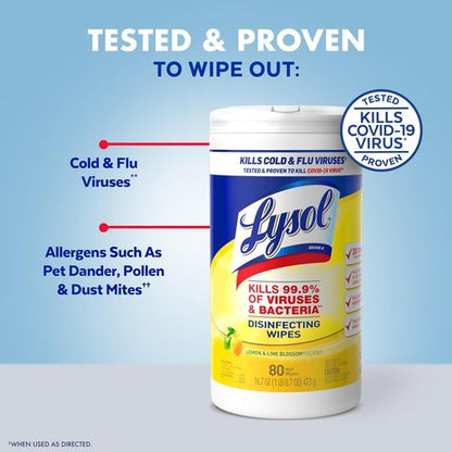 Lysol Disinfectant Wipes - Multi-Surface Antibacterial Cleaning - Lemon & Lime Blossom, 80 Count (Pack of 3)