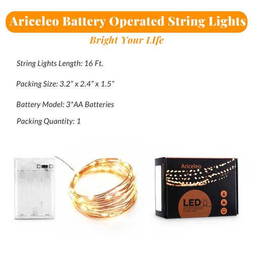Ariceleo Led Fairy Lights Battery Operated, 1 Pack Mini Battery Powered Copper Wire Starry Fairy Lights for Bedroom, Christmas, Parties, Wedding, Centerpiece, Decoration (5m/16ft Warm White)