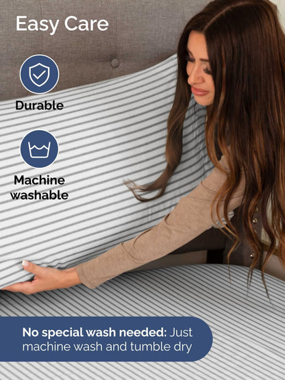 Skiennix Extra Deep King Sheet Set - 6 Piece Breathable Cooling Bedding - Soft Wrinkle-Free Grey Stripes