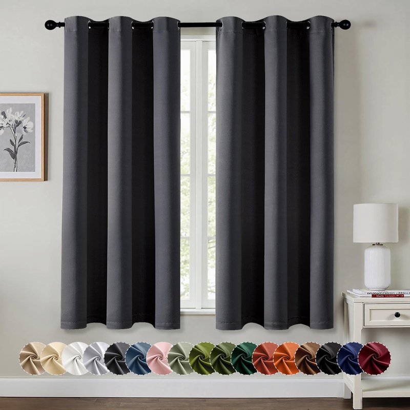 MIULEE Dark Grey Blackout Curtains for Bedroom Living Room 63 Inches Long 2 Panels, Thermal Insulated Room Darkening Drapes Solid Grommet Noise Reduction Light Blocking Window Treatments 34x63 Inch