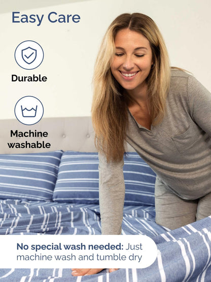 Skiennix Extra Deep Twin XL Sheet Set - 4 Piece Breathable Cooling Bedding - Soft Wrinkle-Free Blue Stripes