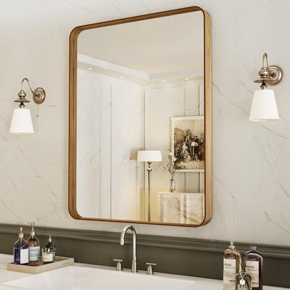 LOAAO Bathroom Mirror - 22x30 Inch Rounded Rectangle with Wood Grain Metal Frame | Anti-Rust, Versatile Hanging Options