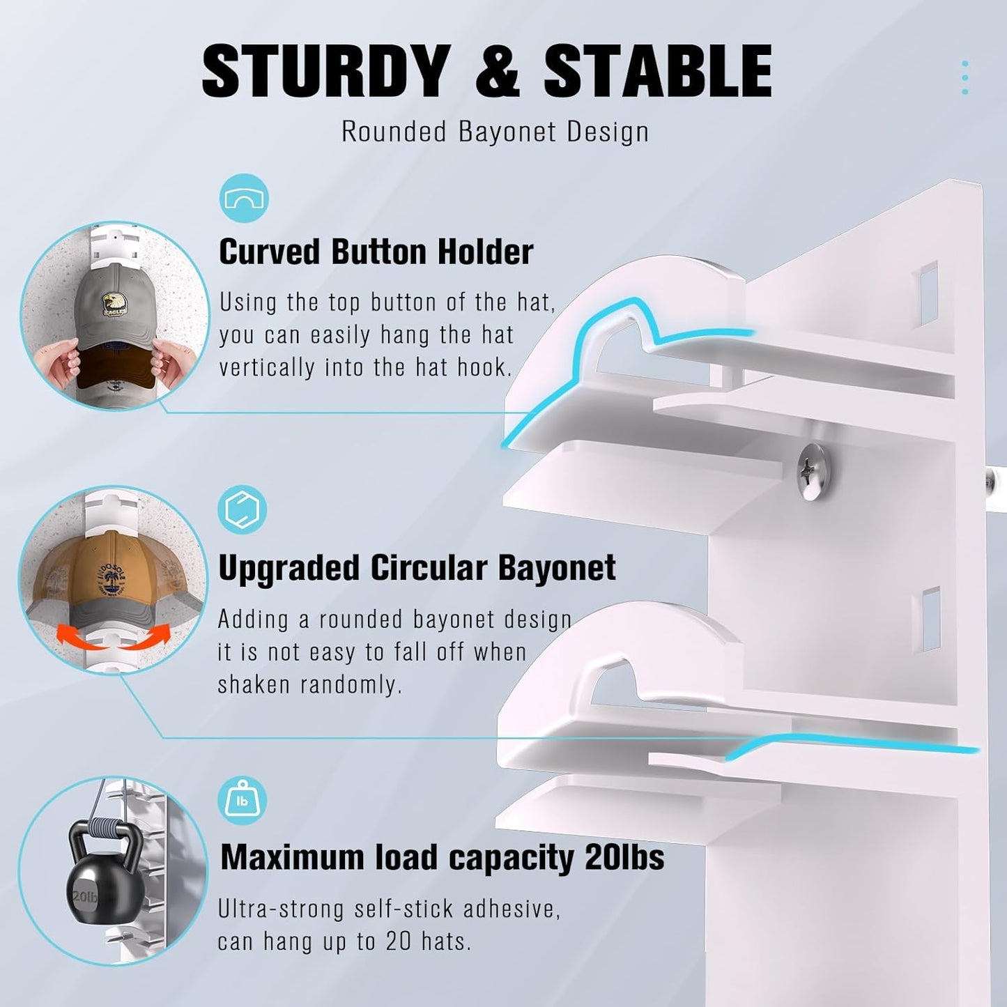 Skiennix Hat Organizer - Wall-Mounted Rack for 20 Baseball Caps | Strong Adhesive, Multi-Layer Storage (White)
