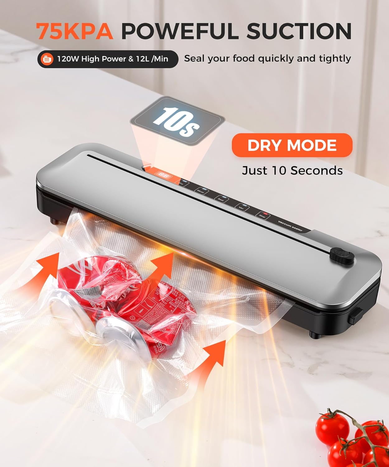 Vacuum Sealer Machine - 75KPa Food Preservation with 6-in-1 Modes & Digital Timer | Compact Design + 10 Bags (Black/Silver)