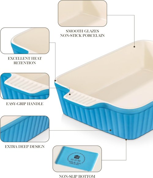 MALACASA 4.4 QT Baking Dish - Durable Ceramic Casserole Pan for Oven | 9x13 Lasagna Dish in Blue