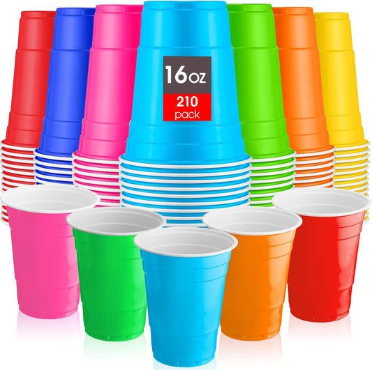 Xinnun 210-Pack Rainbow Disposable Plastic Cups - 16 oz Assorted Colors for Parties & Events