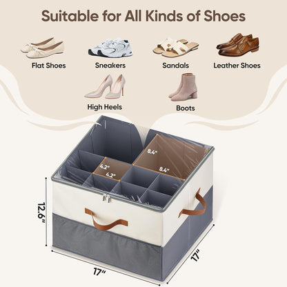 Skiennix Shoe Organizer - 2 Pack Adjustable Storage Containers with Clear Lids | Fits 16-32 Pairs, Beige & Grey