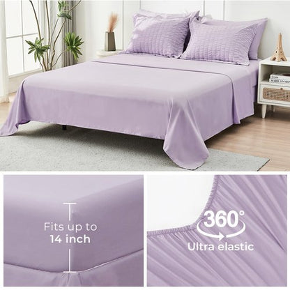 HYMOKEGE Lavender California King Comforter Set Seersucker 7 Pieces, All Season Luxury Bed in a Bag for Bedroom, Bedding Set with Comforters, Sheets, Pillowcases & Shams