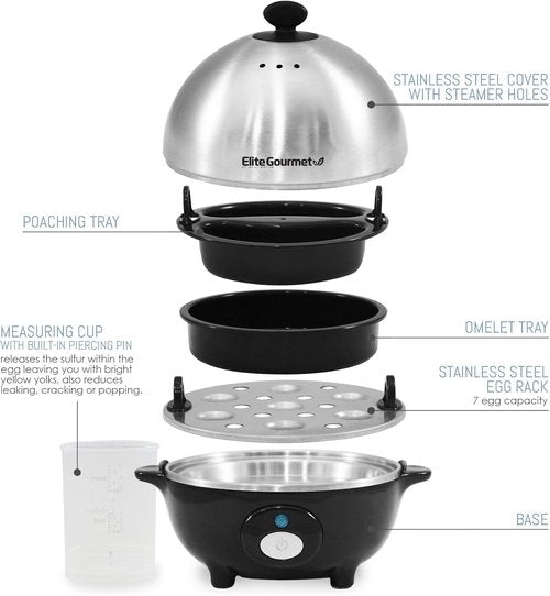 Elite Gourmet EGC-508 Rapid Egg Cooker - 7 Egg Capacity, Auto Shut-Off, Stainless Steel Design | Recipe Book Included