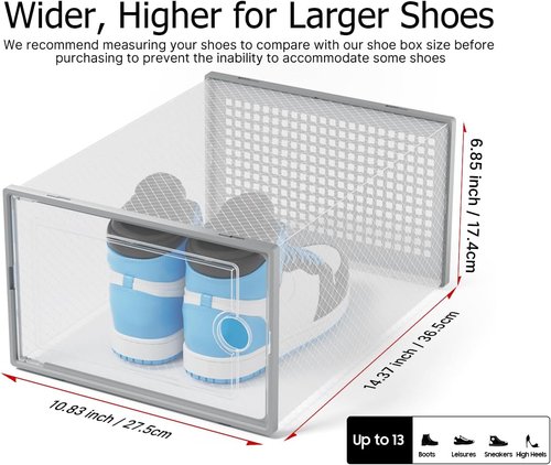 Kuject Shoe Storage Boxes - XX-Large Clear Plastic Organizers, Stackable 12-Pack for Closet & Under Bed, Grey