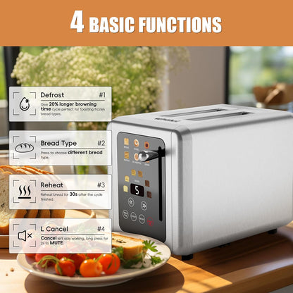 WHALL® Touch Screen Toaster - 2 Slice Stainless Steel with Digital Timer, 6 Bread Types & Shade Settings