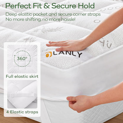 OLANLY Queen Mattress Topper - Cooling Bamboo Viscose Pillow Top for Back Pain Relief | Plush Down Alternative, White