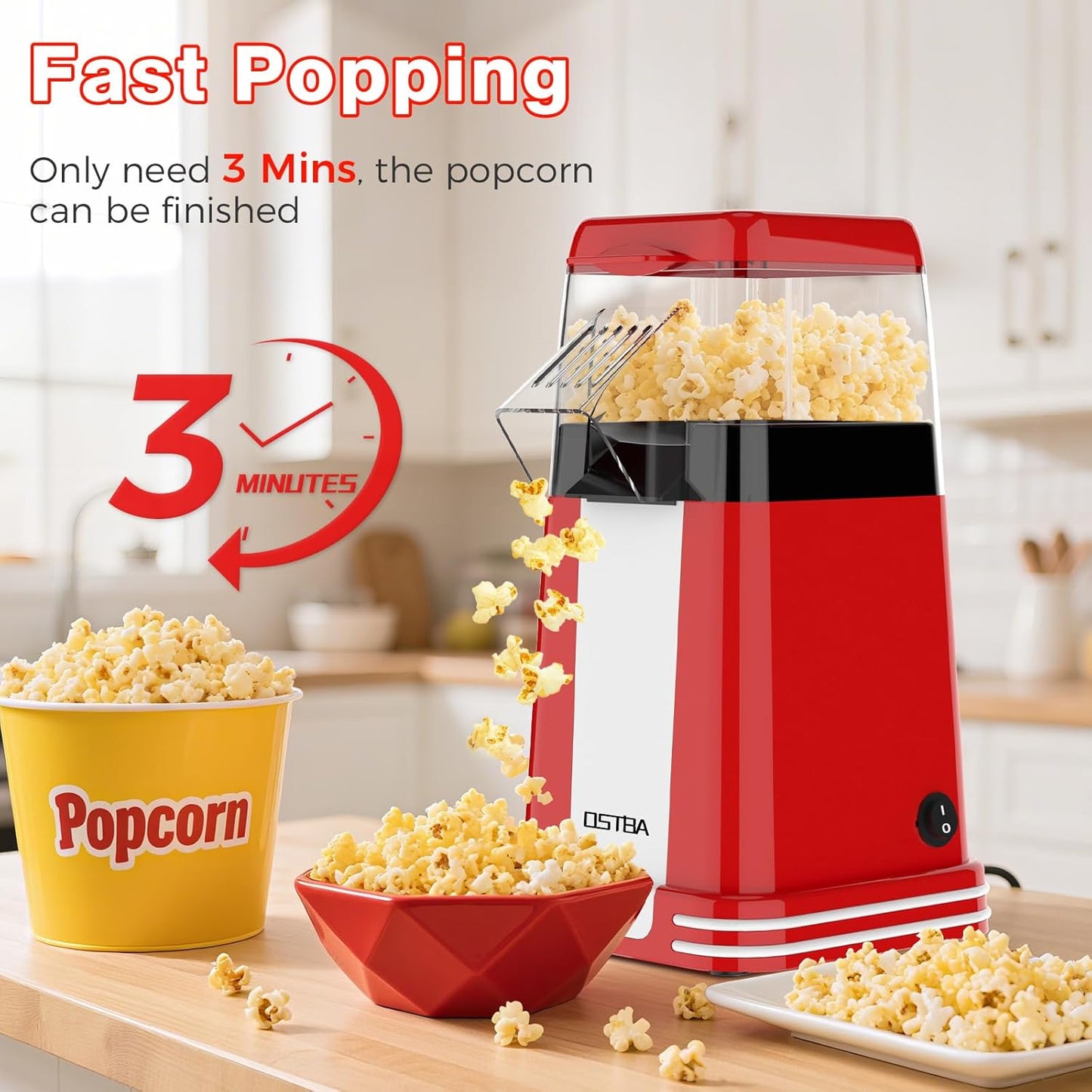 OSTBA Popcorn Maker - 1200W Mini Retro Air Popper with Butter Tray | Oil-Free, Compact Design for Home & Gifts