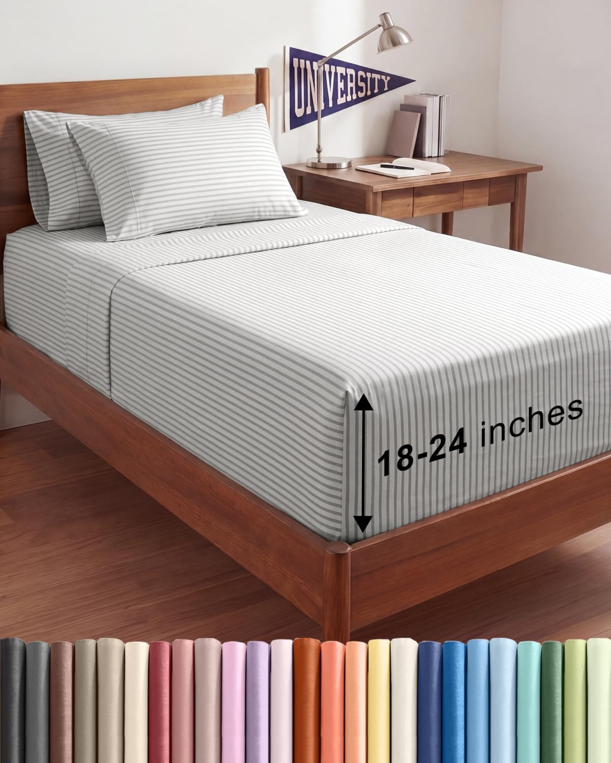 Skiennix Extra Deep Twin XL Sheet Set | 4-Piece Breathable Cooling Bedding - Soft, Wrinkle-Free Grey Stripes